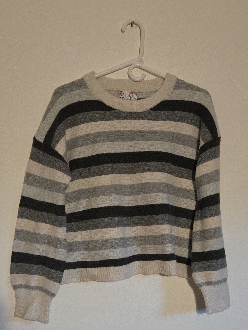 Pink Republic Cream, Light Gray & Charcoal Striped Crewneck Sweater